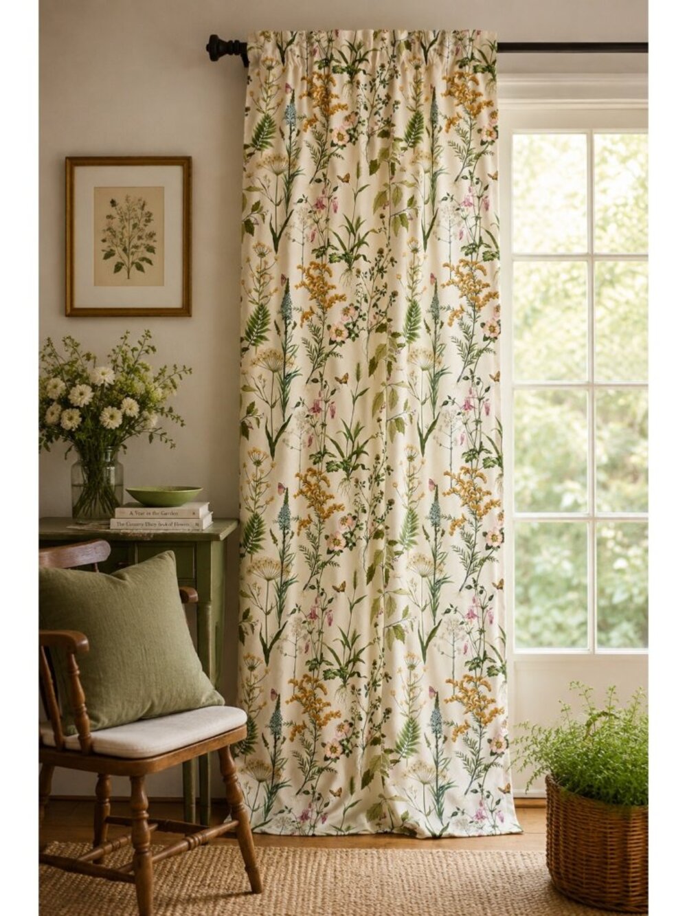 Ballard Designs Isabella Drapery Panel Botanical Floral Curtain 50x96 Cotton Gre